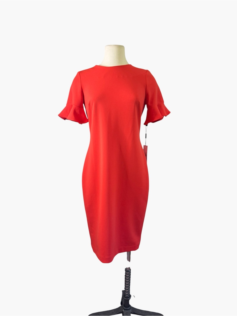 Calvin Klein Orange- Red Midi Sheath Dress with Ruffle Sleeves